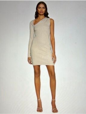 Abercrombie & Fitch One-Shoulder Long-Sleeve Bodycon Dress in Light Beige